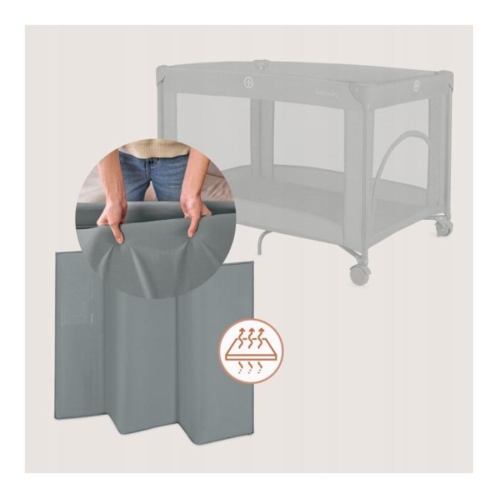 Patut pliant, Lionelo, Amelie, cu intrare laterala, 100.5-70.5 cm, Include salteluta, roti, geanta pentru transport, Constructie usoara- 7 kg, Cadru stabil din otel, Gri [10]
