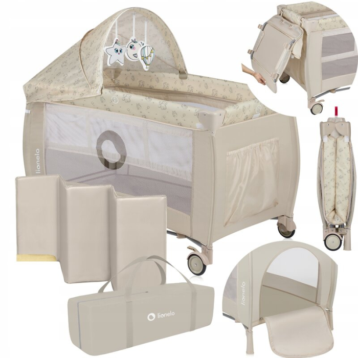 Patut pliant, Lionelo, Sven Plus, 120x60 cm, cu doua nivele, cu arcada jucarii, masuta de infasat, vibratii, melodii, Bej Latte [3]