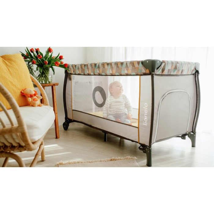 Patut pliant, Lionelo, Sven Plus, 120x60 cm, cu doua nivele, cu arcada jucarii, masuta de infasat, vibratii, melodii, Bej Olive [21]