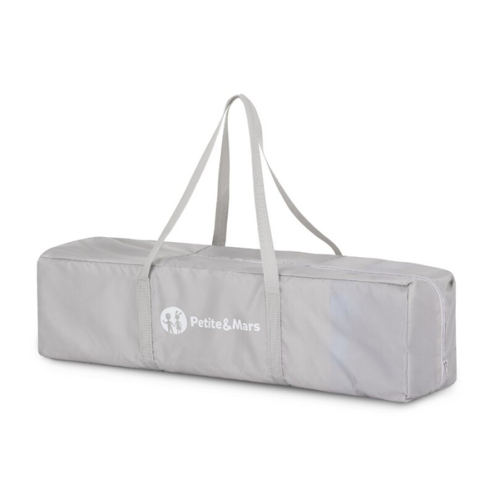 Patut pliant, Petite&Mars, Koot, 120 x 60 cm, Cu roti, Functie de tarc, Pliere compacta, Include geanta de transport, Intrare laterala cu fermoar, Pereti din plasa, Pana la 15 kg, 0-30 luni, Gri [10]