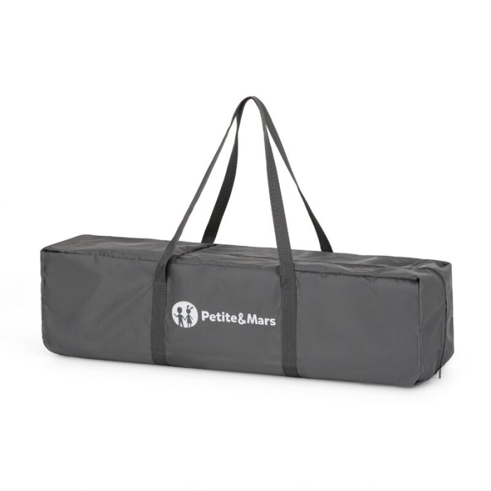 Patut pliant, Petite&Mars, Nyja, 120 x 60 cm, Cu roti, Functie de tarc, Pliere compacta, Include geanta de transport, Intrare laterala cu fermoar, Pereti din plasa, Pana la 15 kg, 0-30 luni, Gri [9]