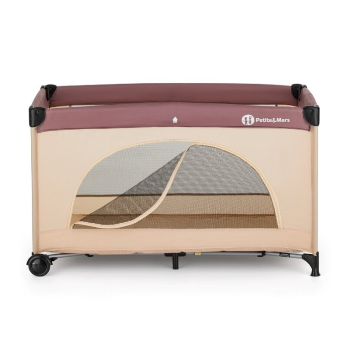 Patut pliant, Petite&Mars, Nyja, 120 x 60 cm, Cu roti, Functie de tarc, Pliere compacta, Include geanta de transport, Intrare laterala cu fermoar, Pereti din plasa, Pana la 15 kg, 0-30 luni, Maro [3]
