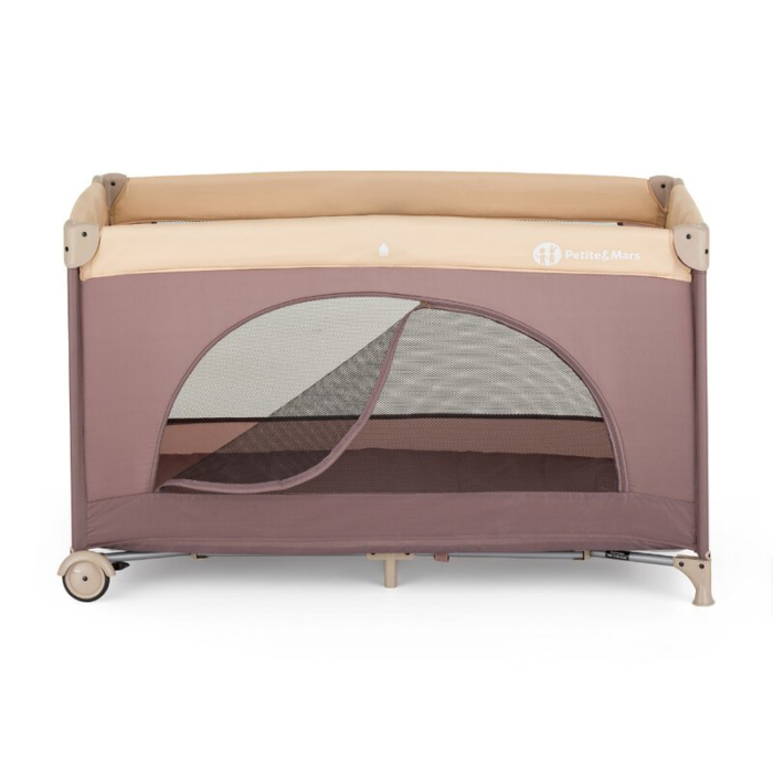 Patut pliant, Petite&Mars, Nyja, 120 x 60 cm, Cu roti, Functie de tarc, Pliere compacta, Include geanta de transport, Intrare laterala cu fermoar, Pereti din plasa, Pana la 15 kg, 0-30 luni, Mocha [3]