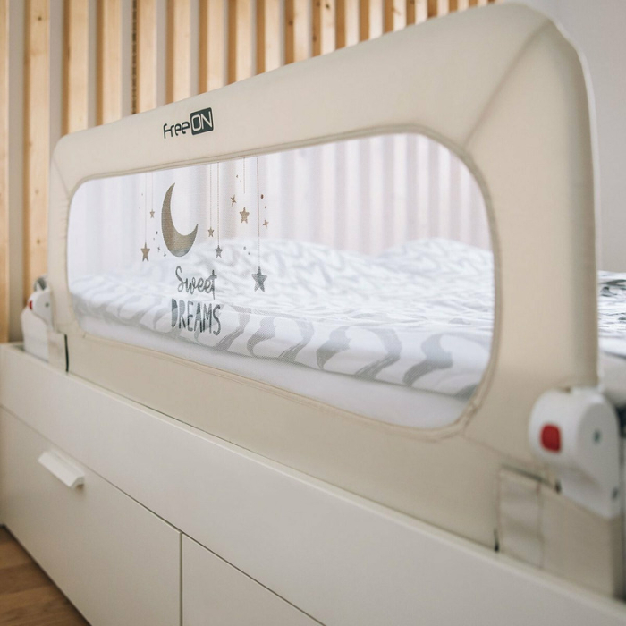 Protectie laterala pat, FreeON, pentru bebe, Rabatabila, Instalare usoara, Dimensiune 135 x 57 cm, Sweet Dreams, Light Beige [4]