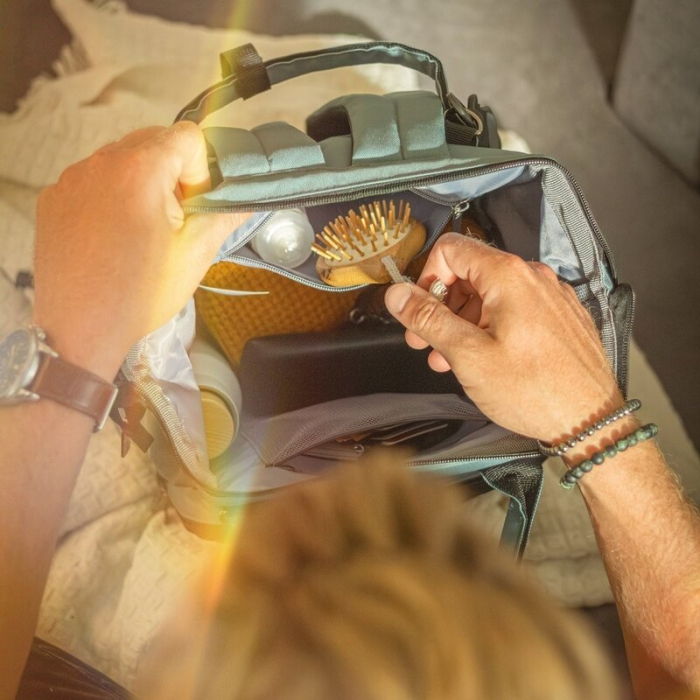 Rucsac pentru mamici, Petite&Mars, Jack, cu 11 compartimente, cu buzunare termice, Saltea de infasat inclusa, 30 x 42 x 15 cm, Albastru [6]