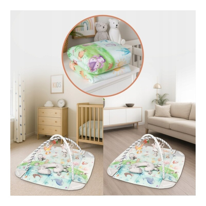 Salteluta interactiva, Lionelo, Anika, 8 jucarii senzoriale, detasabile, fosnaitoare, logopedice, Lavabila la masina, Husa din bambus, 116x112 cm, Multicolor [15]