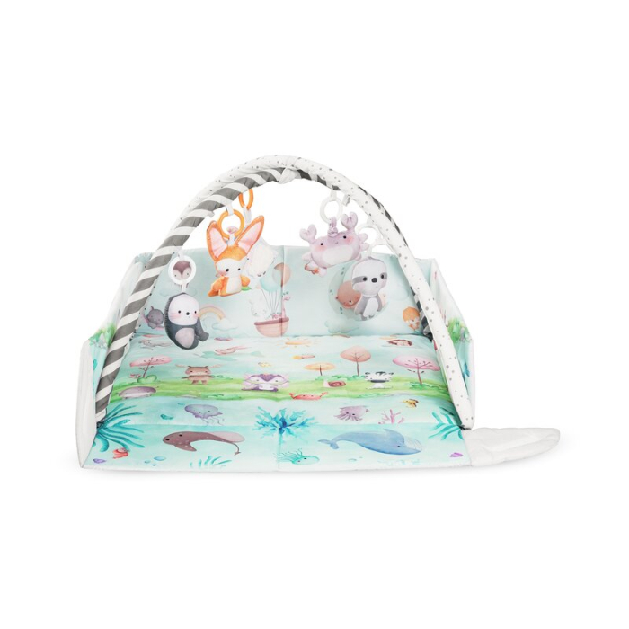 Salteluta interactiva, Lionelo, Anika, 8 jucarii senzoriale, detasabile, fosnaitoare, logopedice, Lavabila la masina, Husa din bambus, 116x112 cm, Multicolor [4]