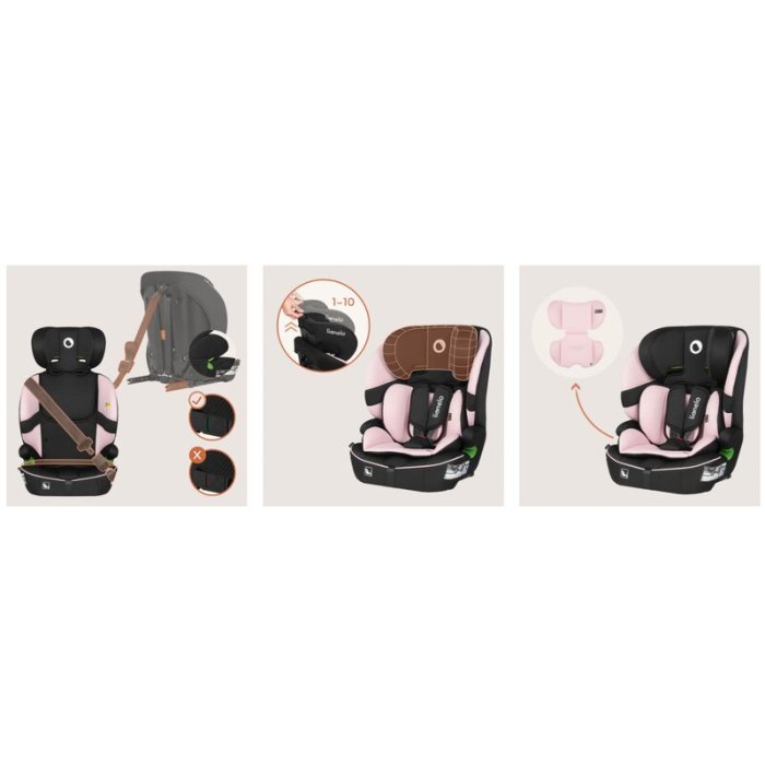 Scaun auto i-Size, Lionelo, Billy , 76 - 150 cm, 1/2/3, Isofix + top tether, Tetiera reglabila in 10 pozitii, Insertie ergonomica, Tapiterie lavabila, Testat la impact, Baza lata, Roz [25]