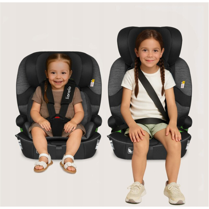 Scaun auto i-Size, Lionelo, Billy , 76 -150 cm, 1/2/3, Isofix + top tether, Tetiera reglabila in 10 pozitii, Insertie ergonomica, Tapiterie lavabila, Testat la impact, Baza lata, Negru/Gri [24]