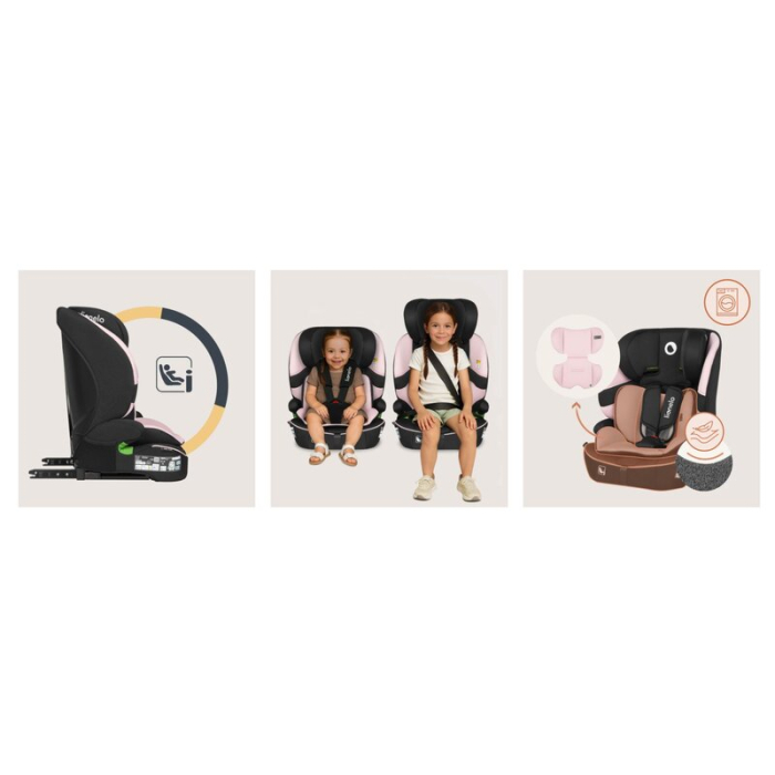 Scaun auto i-Size, Lionelo, Billy , 76 - 150 cm, 1/2/3, Isofix + top tether, Tetiera reglabila in 10 pozitii, Insertie ergonomica, Tapiterie lavabila, Testat la impact, Baza lata, Roz [26]