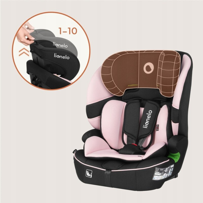 Scaun auto i-Size, Lionelo, Billy , 76 - 150 cm, 1/2/3, Isofix + top tether, Tetiera reglabila in 10 pozitii, Insertie ergonomica, Tapiterie lavabila, Testat la impact, Baza lata, Roz [17]