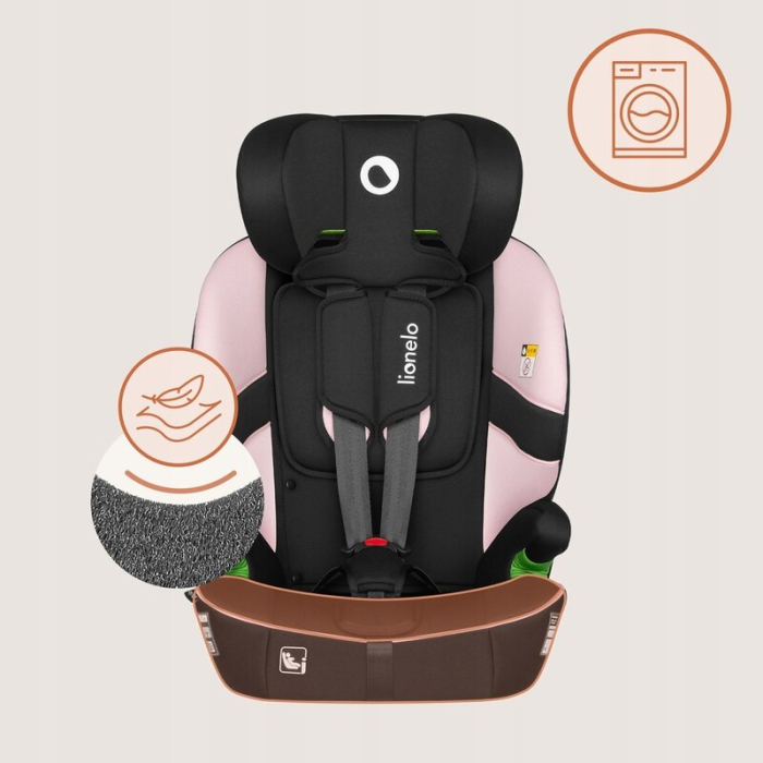 Scaun auto i-Size, Lionelo, Billy , 76 - 150 cm, 1/2/3, Isofix + top tether, Tetiera reglabila in 10 pozitii, Insertie ergonomica, Tapiterie lavabila, Testat la impact, Baza lata, Roz [20]