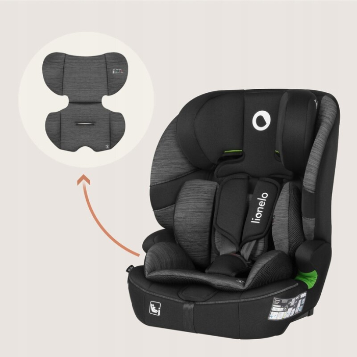Scaun auto i-Size, Lionelo, Billy , 76 -150 cm, 1/2/3, Isofix + top tether, Tetiera reglabila in 10 pozitii, Insertie ergonomica, Tapiterie lavabila, Testat la impact, Baza lata, Negru/Gri [20]