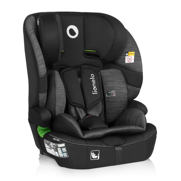 Scaun auto i-Size, Lionelo, Billy , 76 -150 cm, 1/2/3, Isofix + top tether, Tetiera reglabila in 10 pozitii, Insertie ergonomica, Tapiterie lavabila, Testat la impact, Baza lata, Negru/Gri [5]