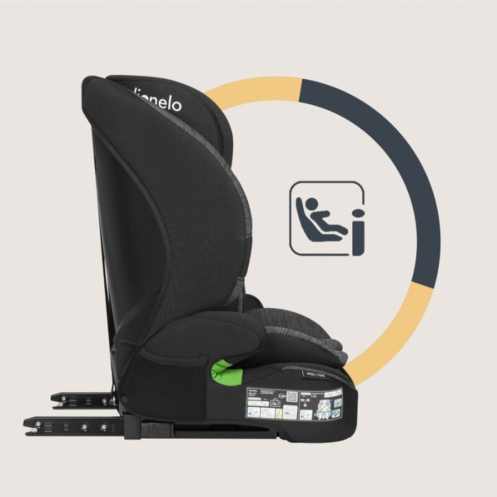 Scaun auto i-Size, Lionelo, Billy , 76 -150 cm, 1/2/3, Isofix + top tether, Tetiera reglabila in 10 pozitii, Insertie ergonomica, Tapiterie lavabila, Testat la impact, Baza lata, Negru/Gri [23]