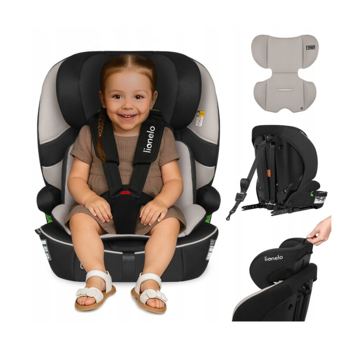 Scaun auto i-Size, Lionelo, Billy , 76 - 150 cm, 1/2/3, Isofix + top tether, Tetiera reglabila in 10 pozitii, Insertie ergonomica, Tapiterie lavabila, Testat la impact, Baza lata, Bej [25]