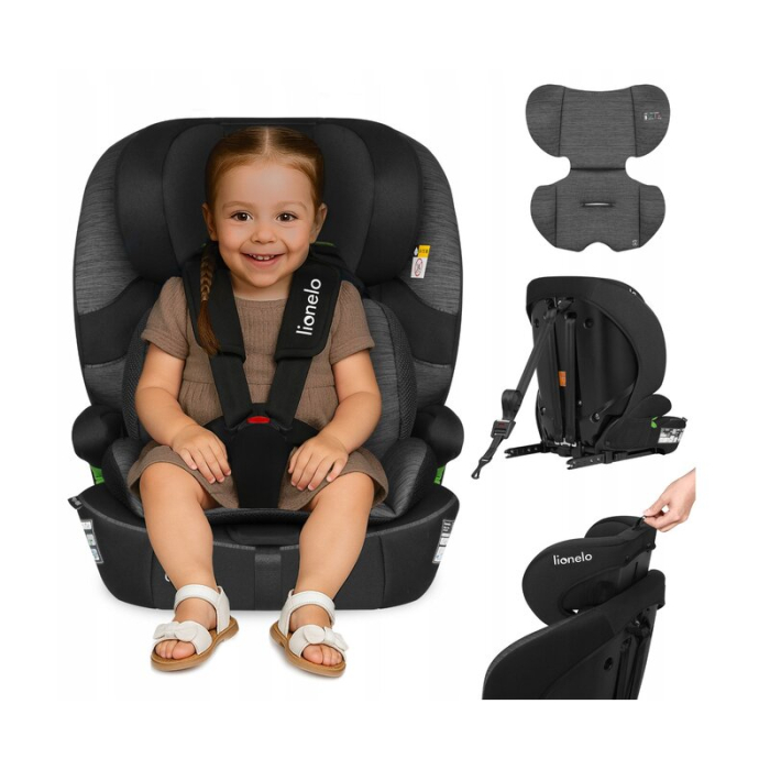 Scaun auto i-Size, Lionelo, Billy , 76 -150 cm, 1/2/3, Isofix + top tether, Tetiera reglabila in 10 pozitii, Insertie ergonomica, Tapiterie lavabila, Testat la impact, Baza lata, Negru/Gri [25]