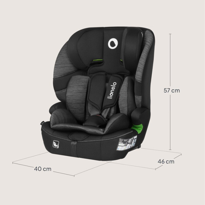 Scaun auto i-Size, Lionelo, Billy , 76 -150 cm, 1/2/3, Isofix + top tether, Tetiera reglabila in 10 pozitii, Insertie ergonomica, Tapiterie lavabila, Testat la impact, Baza lata, Negru/Gri [19]