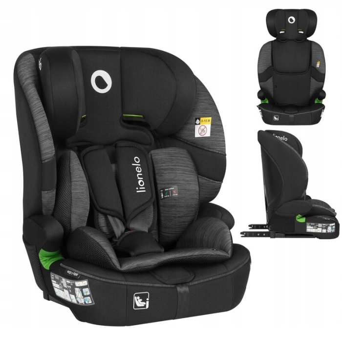 Scaun auto i-Size, Lionelo, Billy , 76 -150 cm, 1/2/3, Isofix + top tether, Tetiera reglabila in 10 pozitii, Insertie ergonomica, Tapiterie lavabila, Testat la impact, Baza lata, Negru/Gri [4]