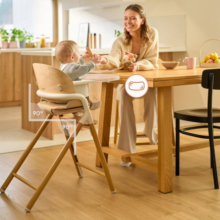 Scaun de masa multifunctional Celia, Lionelo, din lemn de fag, 6 luni- adult, Spatar lat, Sezut ergonomic, Tavita silicon, Suport de picioare reglabil, Greutate maxima 90 Kg, Alb/Natural [28]