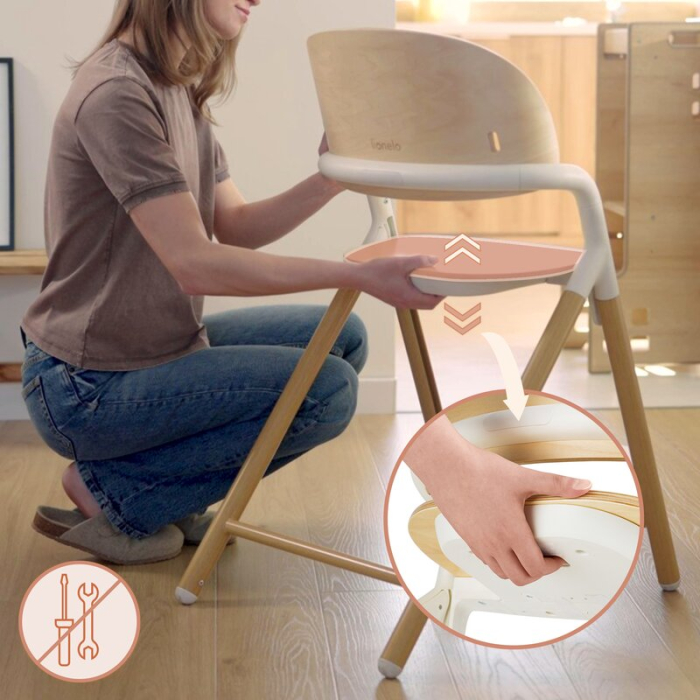 Scaun de masa multifunctional Celia, Lionelo, din lemn de fag, 6 luni- adult, Spatar lat, Sezut ergonomic, Tavita silicon, Suport de picioare reglabil, Greutate maxima 90 Kg, Alb/Natural [25]