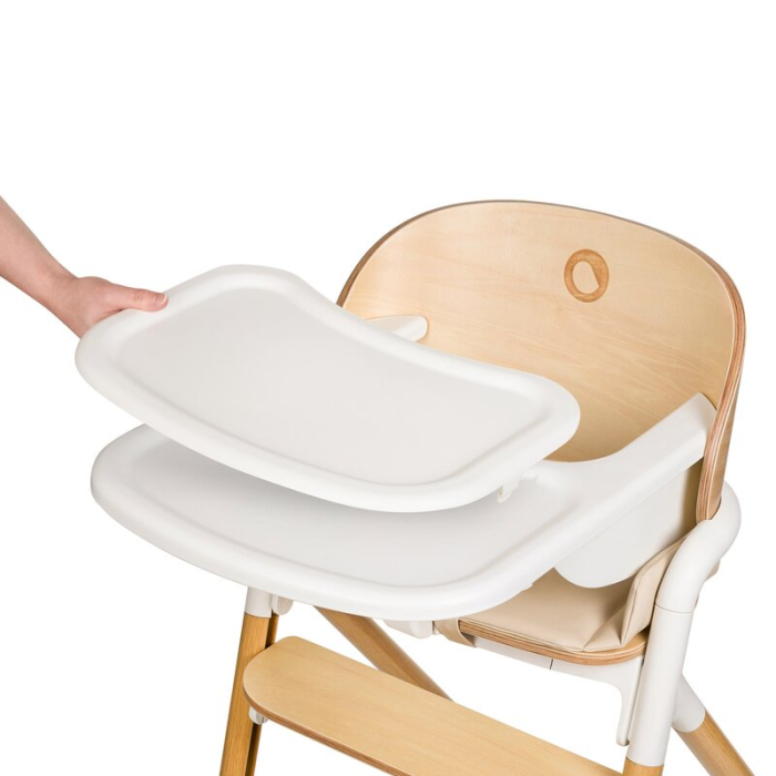 Scaun de masa multifunctional Celia, Lionelo, din lemn de fag, 6 luni- adult, Spatar lat, Sezut ergonomic, Tavita silicon, Suport de picioare reglabil, Greutate maxima 90 Kg, Alb/Natural [18]