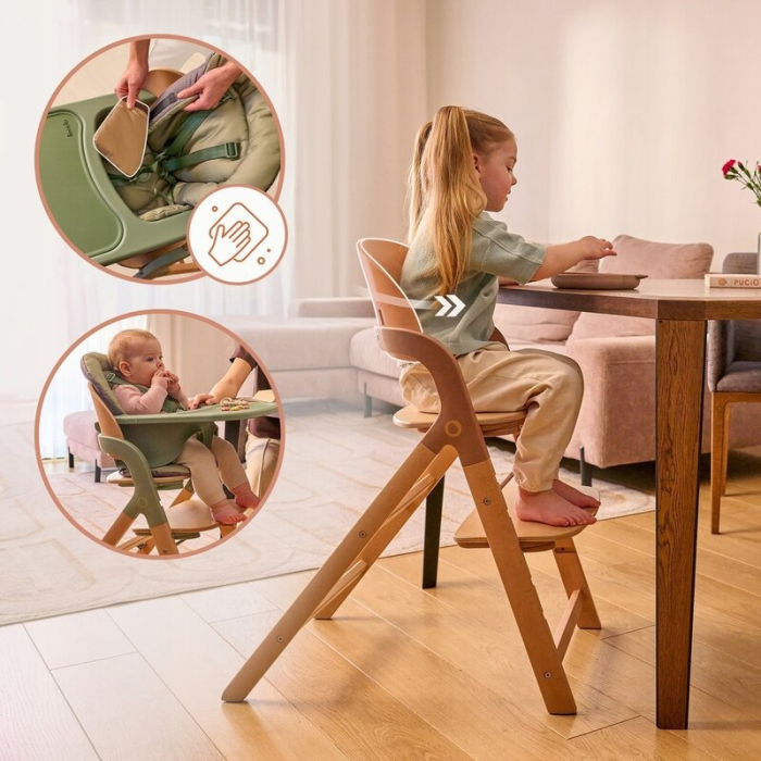 Scaun de masa multifunctional Megan, Lionelo, Din lemn de fag, 6 luni- adult, Reglabil pe inaltime, Husa impermeabila, Tavita silicon, Suport de picioare reglabil, Greutate maxima 110 Kg, Verde [24]