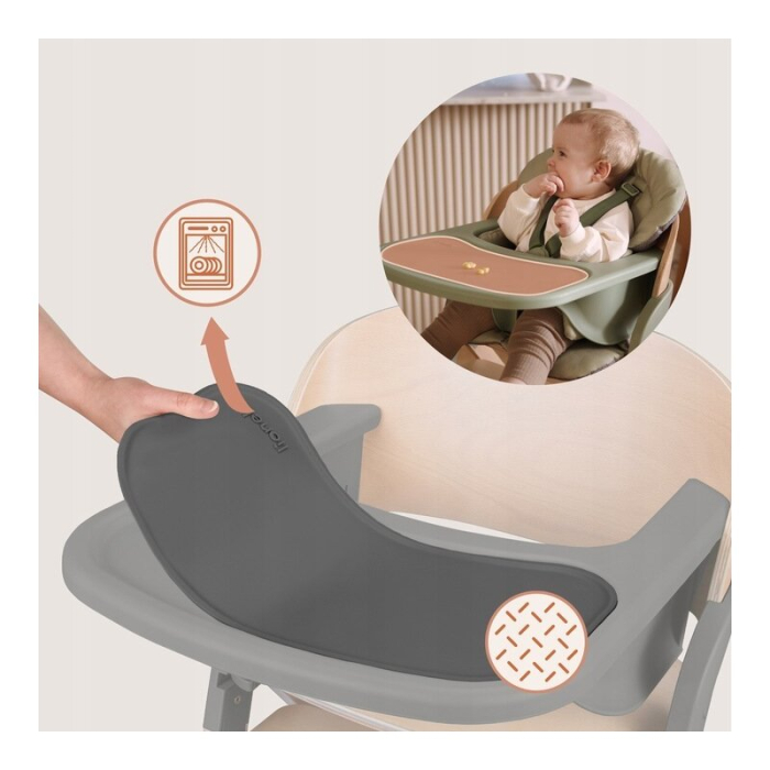 Scaun de masa multifunctional Megan, Lionelo, Din lemn de fag, 6 luni- adult, Reglabil pe inaltime, Husa impermeabila, Tavita silicon, Suport de picioare reglabil, Greutate maxima 110 Kg, Gri [22]