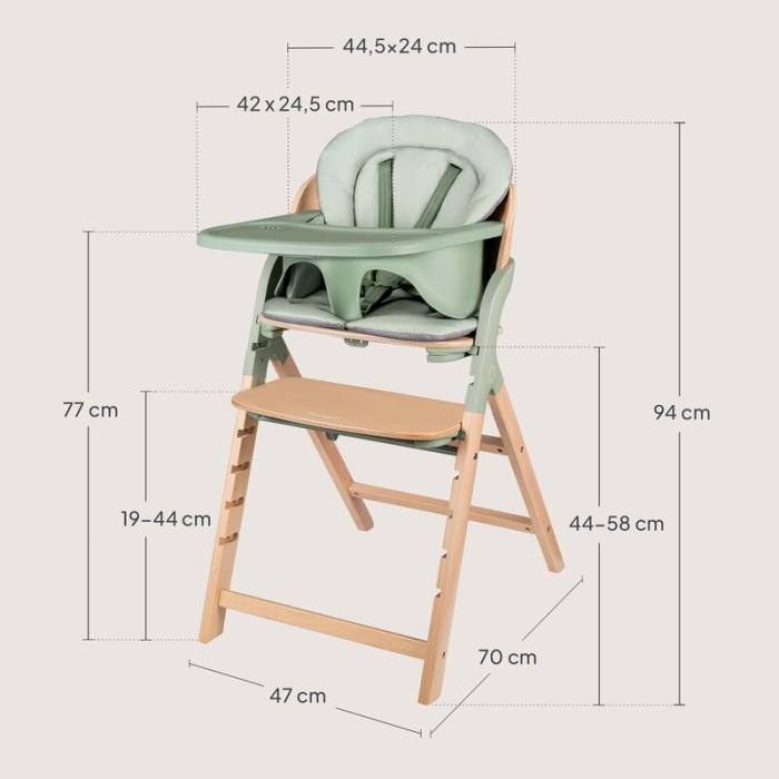 Scaun de masa multifunctional Megan, Lionelo, Din lemn de fag, 6 luni- adult, Reglabil pe inaltime, Husa impermeabila, Tavita silicon, Suport de picioare reglabil, Greutate maxima 110 Kg, Verde [22]