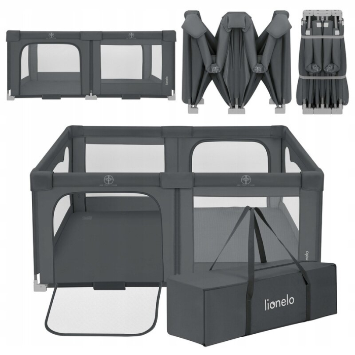 Tarc de joaca copii, Lionelo, Florence Easy Fold, 150 x 180 x 75 cm, Pliere, depliere automata, Include geanta de transport, din plasa, cu doua intrari laterale, 0-48 luni, Gri [3]