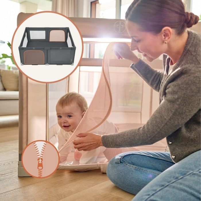 Tarc de joaca copii, Lionelo, Florence Easy Fold, 150 x 180 x 75 cm, Pliere, depliere automata, Include geanta de transport, din plasa, cu doua intrari laterale, 0-48 luni, Gri [14]