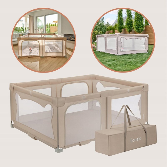 Tarc de joaca copii, Lionelo, Florence Easy Fold, 150 x 180 x 75 cm, Pliere, depliere automata, Include geanta de transport, din plasa, cu doua intrari laterale, 0-48 luni, Bej [15]