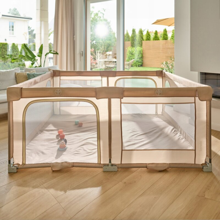 Tarc de joaca copii, Lionelo, Florence Easy Fold, 150 x 180 x 75 cm, Pliere, depliere automata, Include geanta de transport, din plasa, cu doua intrari laterale, 0-48 luni, Bej [26]