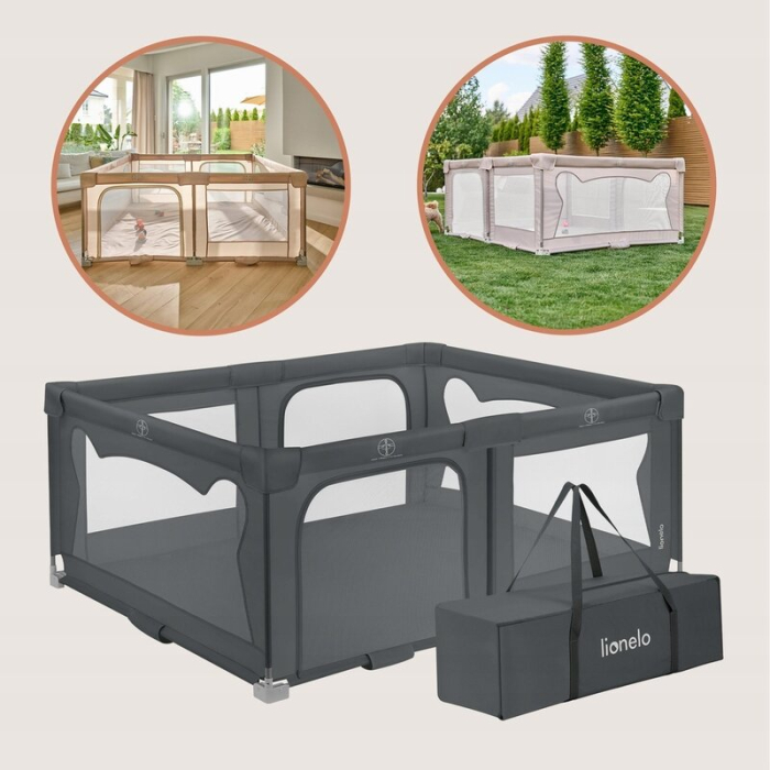 Tarc de joaca copii, Lionelo, Florence Easy Fold, 150 x 180 x 75 cm, Pliere, depliere automata, Include geanta de transport, din plasa, cu doua intrari laterale, 0-48 luni, Gri [7]