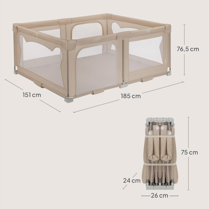 Tarc de joaca copii, Lionelo, Florence Easy Fold, 150 x 180 x 75 cm, Pliere, depliere automata, Include geanta de transport, din plasa, cu doua intrari laterale, 0-48 luni, Bej [25]