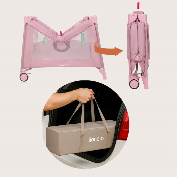 Tarc de joaca, Lionelo, Mille Plus, Pliabil, Include saltea cu densitate T25, 4 jucarii cu velcro, Manere textile, Geanta de transport, Cu roti si inchidere laterala, Pereti din plasa pentru vizibilit [17]