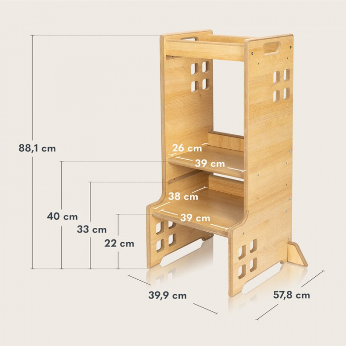 Turn de invatare Montessori Lionelo cass Functie de raft pentru carti Pana la 30 kg 12 luni - 6 ani Din MDF si furnir 3 trepte de inaltime Natur [20]