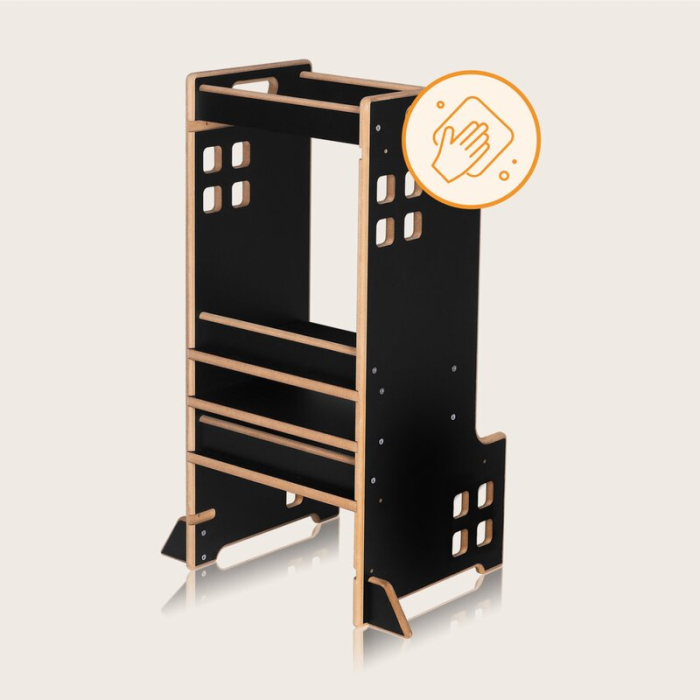 Turn de invatare Montessori, Lionelo, Cass, Functie de raft pentru carti, Pana la 30 kg, 12 luni - 6 ani, din MDF si furnir, 3 trepte de inaltime, Negru [13]