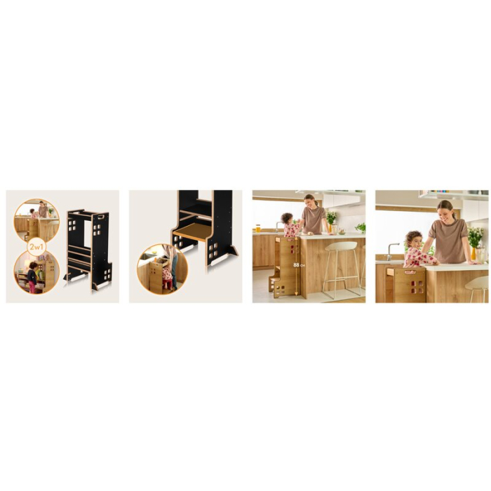 Turn de invatare Montessori, Lionelo, Cass, Functie de raft pentru carti, Pana la 30 kg, 12 luni - 6 ani, din MDF si furnir, 3 trepte de inaltime, Negru [17]