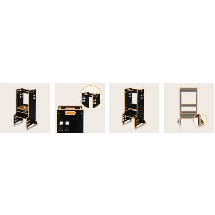 Turn de invatare Montessori, Lionelo, Cass, Functie de raft pentru carti, Pana la 30 kg, 12 luni - 6 ani, din MDF si furnir, 3 trepte de inaltime, Negru [18]