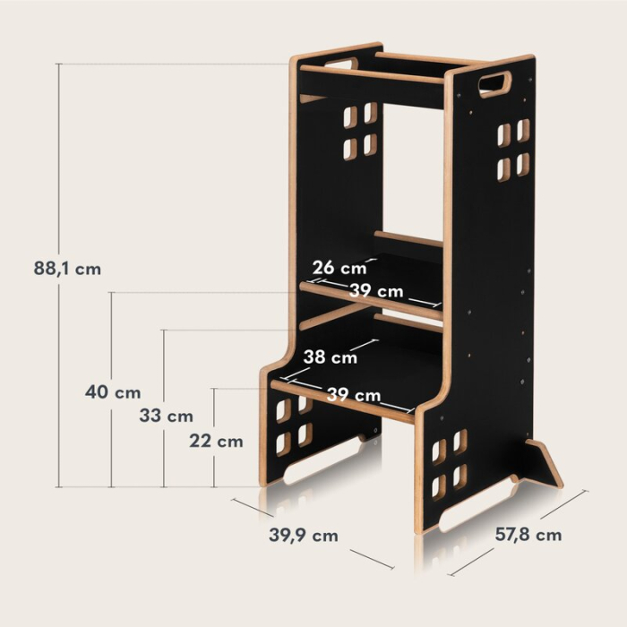 Turn de invatare Montessori, Lionelo, Cass, Functie de raft pentru carti, Pana la 30 kg, 12 luni - 6 ani, din MDF si furnir, 3 trepte de inaltime, Negru [14]