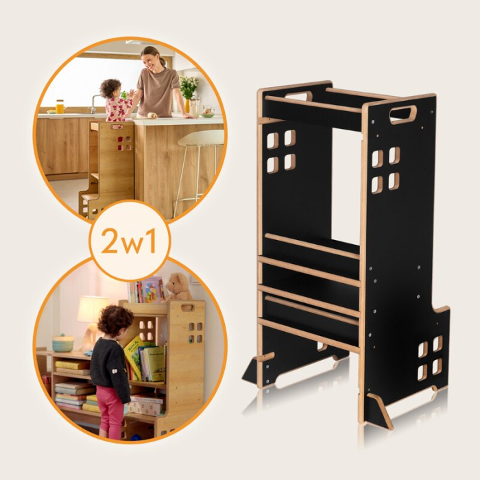 Turn de invatare Montessori, Lionelo, Cass, Functie de raft pentru carti, Pana la 30 kg, 12 luni - 6 ani, din MDF si furnir, 3 trepte de inaltime, Negru [9]