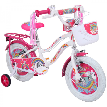 Biciclete copii cu roti 12 inch (3-6 ani) - Bicicleta pentru copii 2-4 ani Belderia Dora, roti 12 inch, cu roti ajutatoare si frane V-Brake, alb, cu cosulet si portbagaj