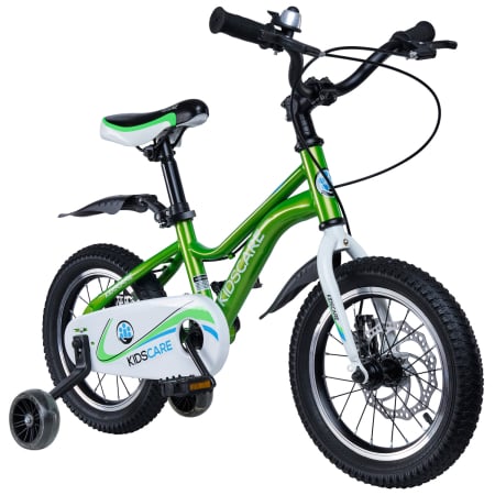 Biciclete copii cu roti 14 inch (3-7 ani) - Bicicleta pentru copii 3-6 ani HappyCycles KidsCare, roti 14 inch, cu roti ajutatoare si frane pe disc, verde