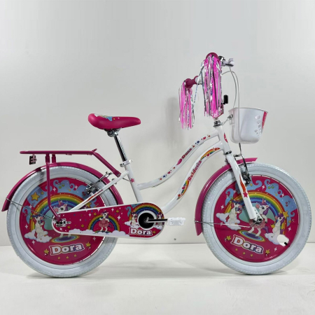 Biciclete copii cu roti 20 inch - Bicicleta pentru copii 8-12 ani Belderia Dora, roti 20 inch, cu roti ajutatoare si frane V-Brake, alb, cu cosulet si portbagaj