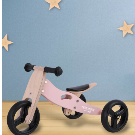 Bicicleta/tricicleta fara pedale, Free2Move, din lemn, 2 in 1, Functie de bicicleta echilibru, Scaun reglabil, Roti ajustabile, Manere antiderapante, Varsta 1-3 ani, Dusty Pink [4]