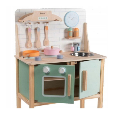 Jucarii pentru copii - Bucatarie copii, Joueco, din lemn certificat FSC, cu accesorii, Reglabila pe inaltime, 86x56 cm, 3 ani+, Multicolor