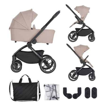 Carucioare copii 2in1 - Carucior 2 in 1, Petite&Mars, Scout, Cu landou pliabil, Reversibil, Spatar si suport de picioare reglabile in 3 pozitii, Maner ajustabil, Cu accesorii, Pana la 22 kg, 0 luni+, Crem Cappuccino