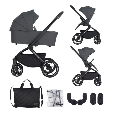 Carucioare copii 2in1 - Carucior 2 in 1, Petite&Mars, Scout, Cu landou pliabil, Reversibil, Spatar si suport de picioare reglabile in 3 pozitii, Maner ajustabil, Cu accesorii, Pana la 22 kg, 0 luni+, Gri