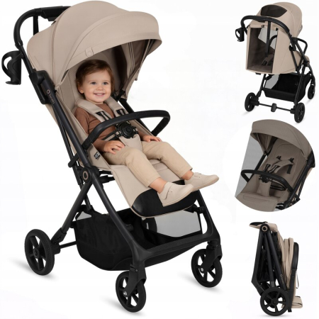 Carucior sport, Lionelo, Tansi, Pliere automata, Ultracompact, Manevrare cu o mana, Roti cu tehnologie GravelTech, Spatar si suport picioare reglabile, 6-48 luni, Sustine 22 kg, Bej [2]